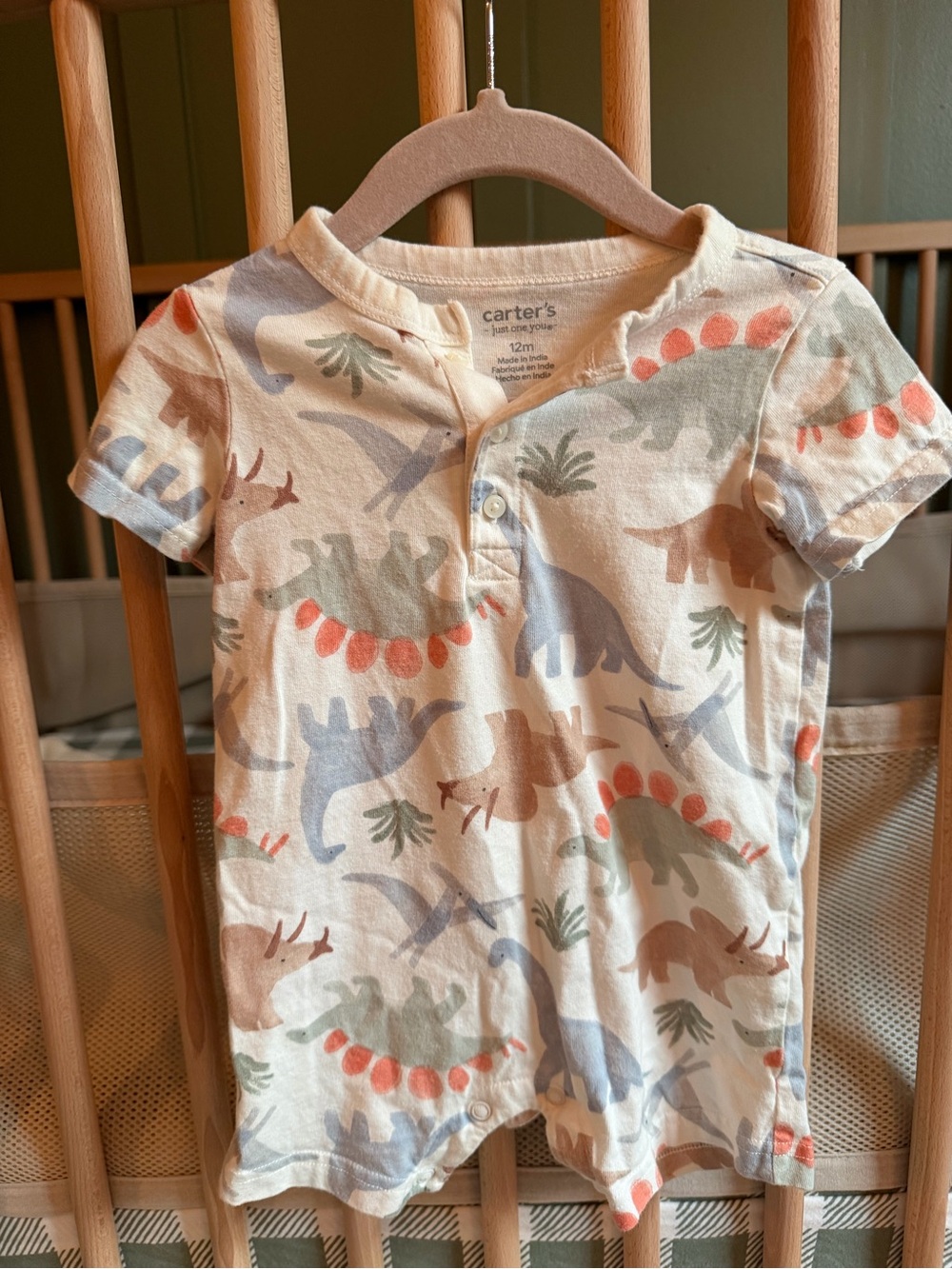Carter's Cream Short Sleeve Dino Print Romper with Coral and Sage Accents
